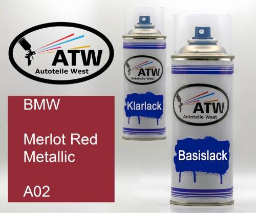 BMW, Merlot Red Metallic, A02: 400ml Sprühdose + 400ml Klarlack - Set, von ATW Autoteile West.